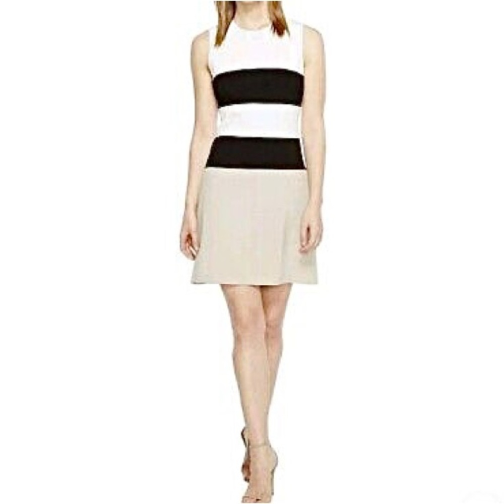 NEW Calvin Klein Colorblock Stitch Neutral Sleeveless Scuba Sheath Dress Size 2